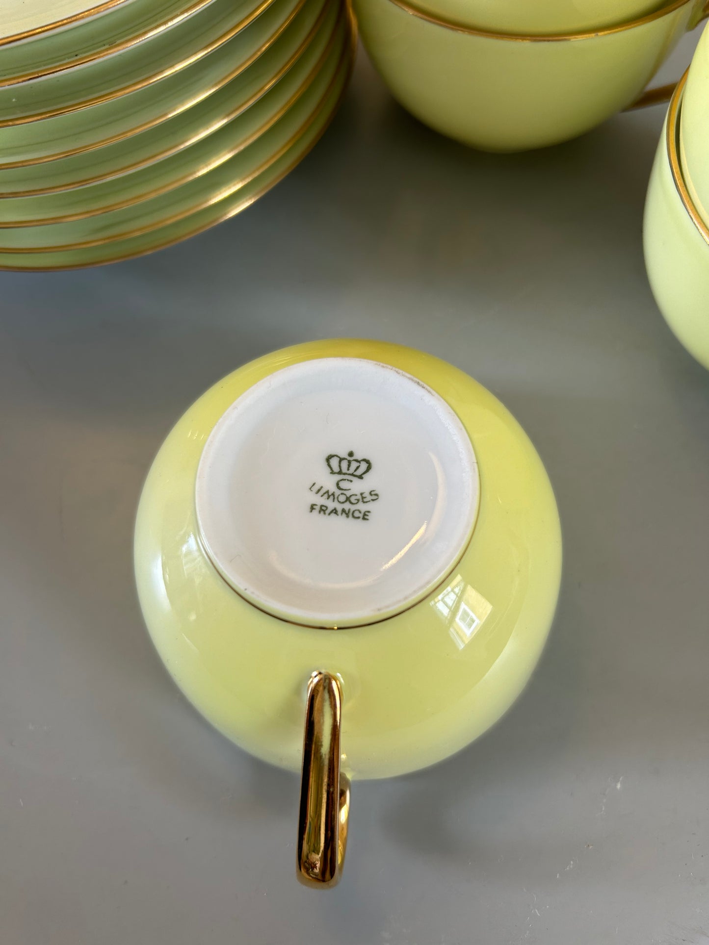 Limoges Vintage Bone China Yellow and Gold Teacup and Saucer Set