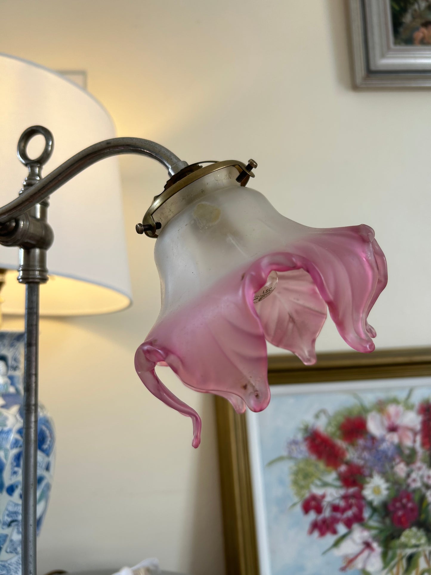 Art Nouveau Nickle Plated Lamp with decorative Pink Glass Flower Shade