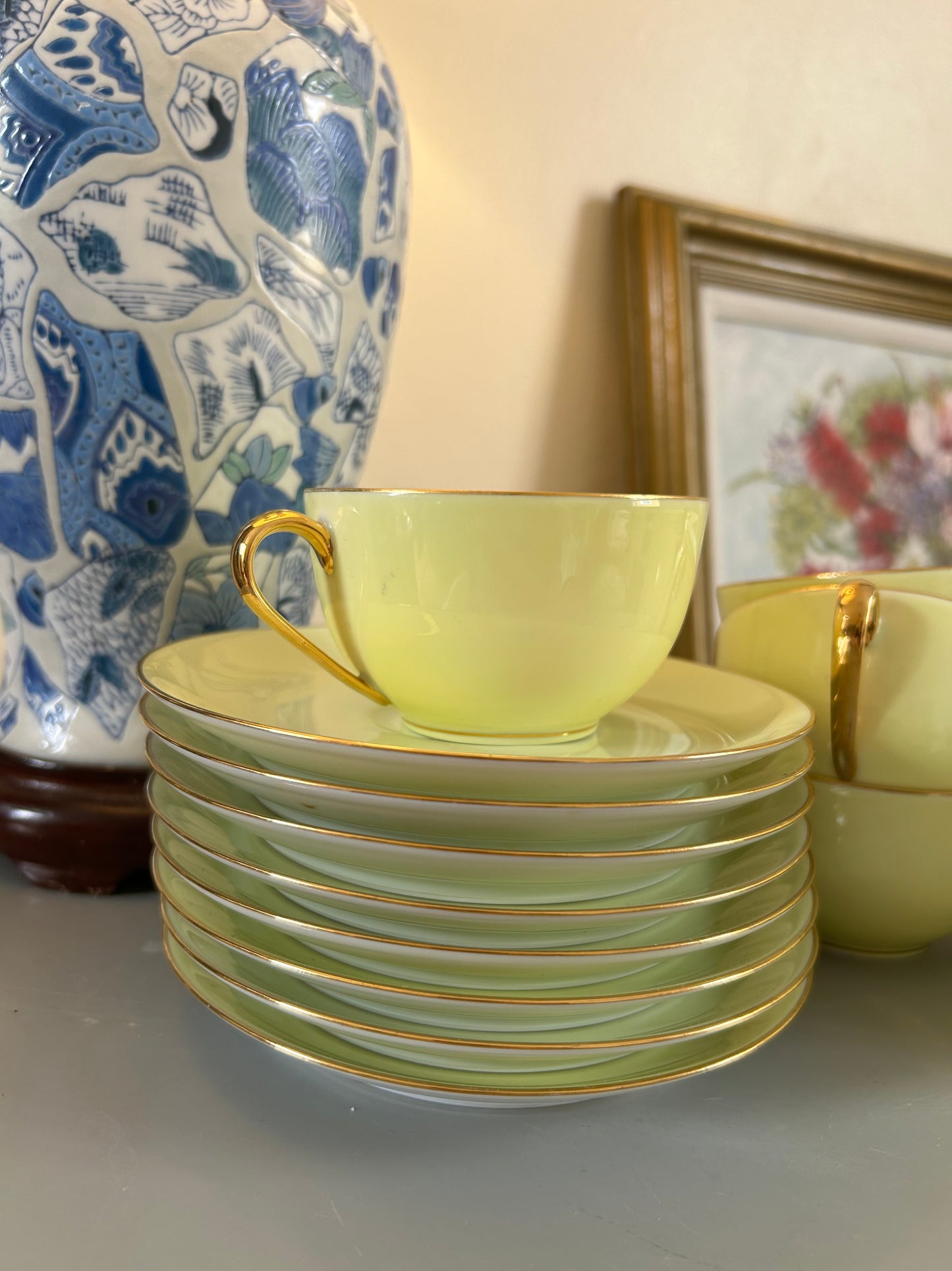 Limoges Vintage Bone China Yellow and Gold Teacup and Saucer Set