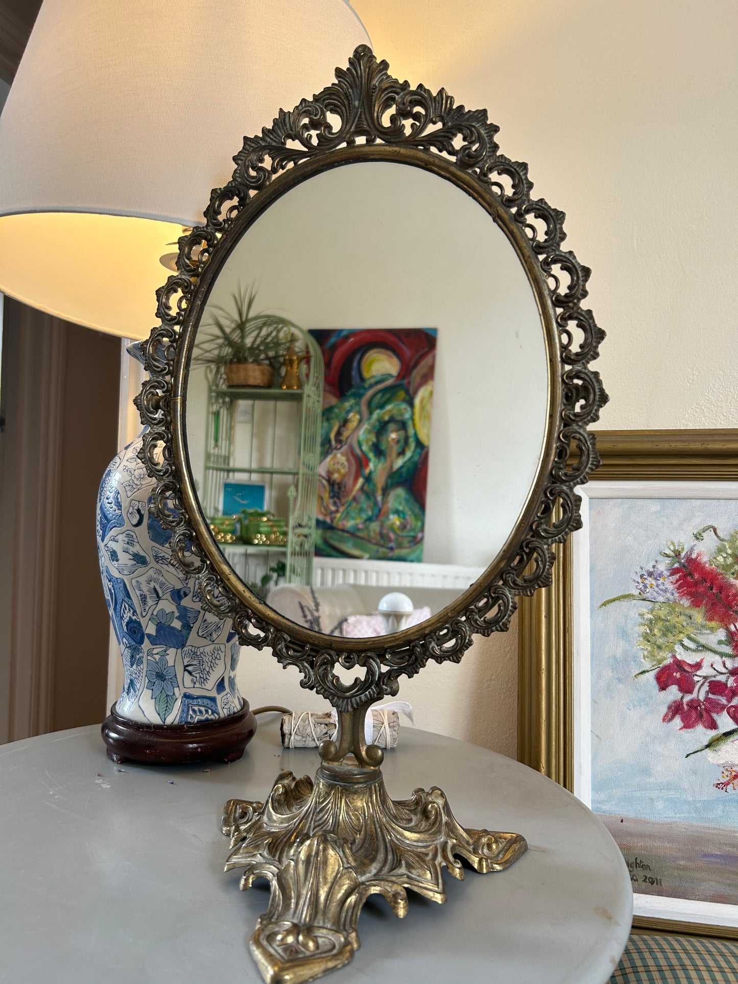 1930s Brass Roccoco Baroque Psyche Vintage Rotating Make up Mirror