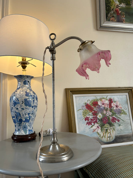 Art Nouveau Nickle Plated Lamp with decorative Pink Glass Flower Shade