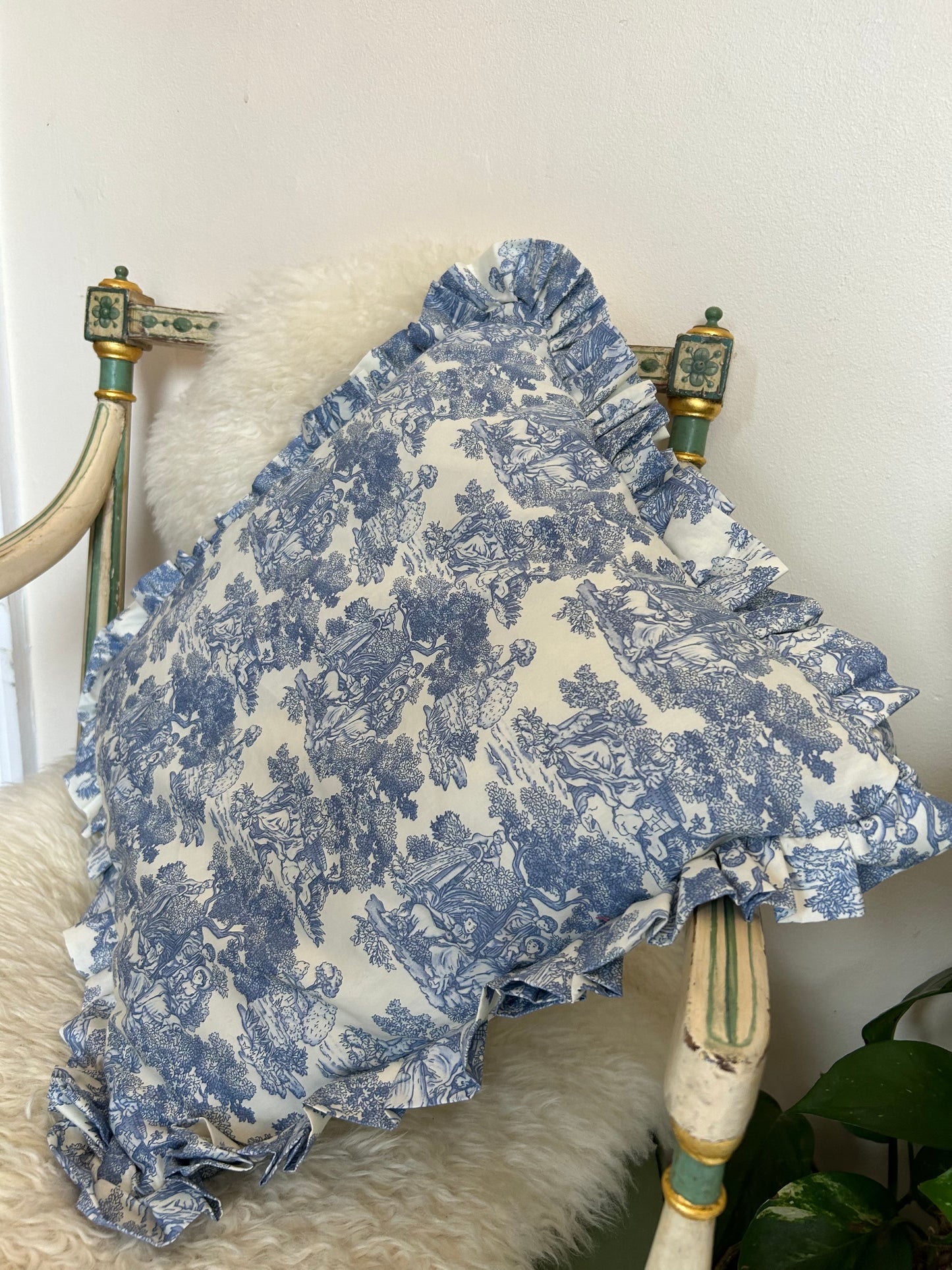 Blue Toile De Jouy frilly cushion