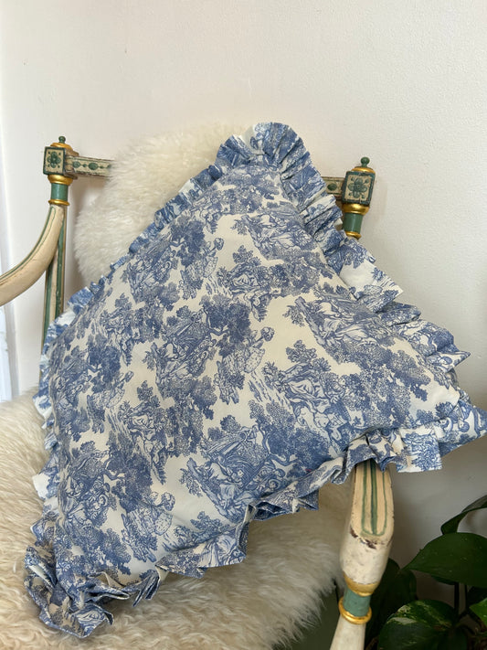 Blue Toile De Jouy frilly cushion