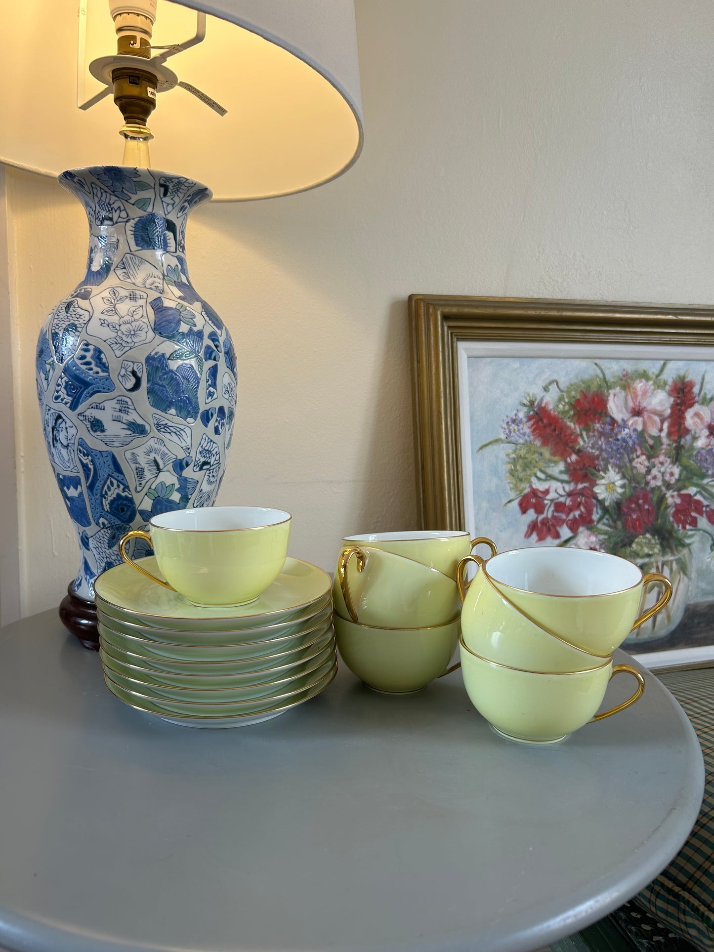 Limoges Vintage Bone China Yellow and Gold Teacup and Saucer Set