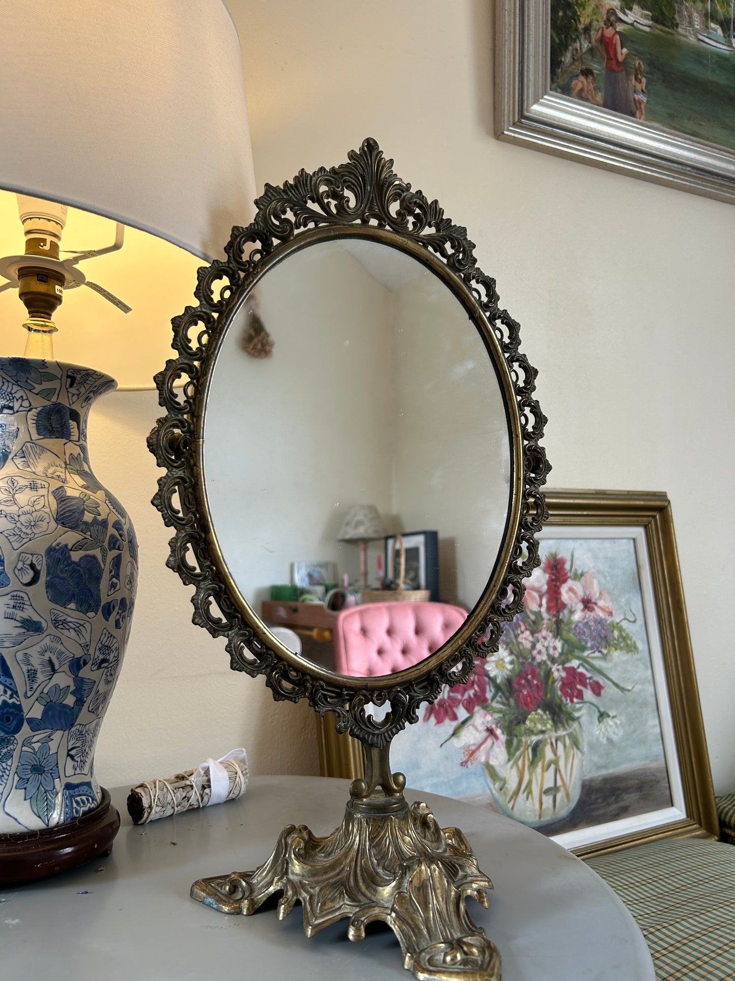 1930s Brass Roccoco Baroque Psyche Vintage Rotating Make up Mirror