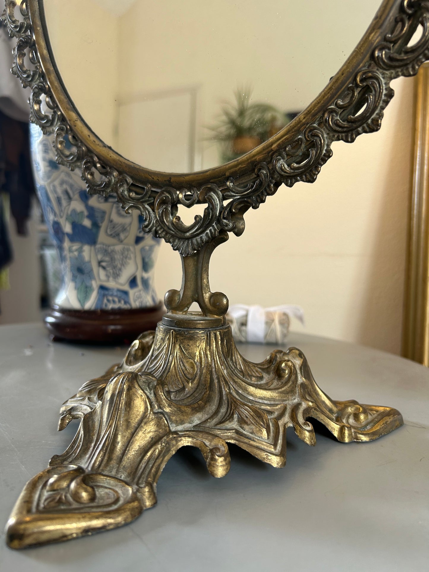 1930s Brass Roccoco Baroque Psyche Vintage Rotating Make up Mirror