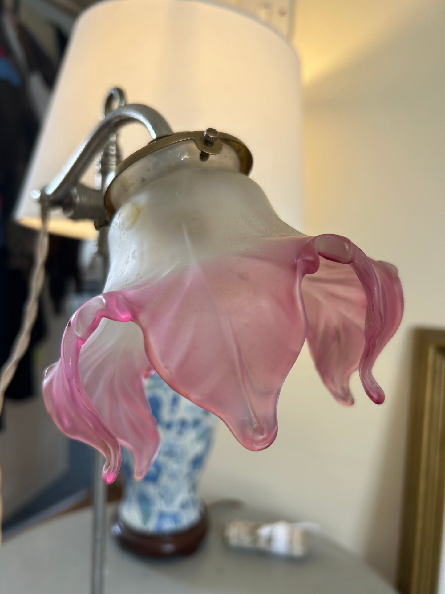 Art Nouveau Nickle Plated Lamp with decorative Pink Glass Flower Shade