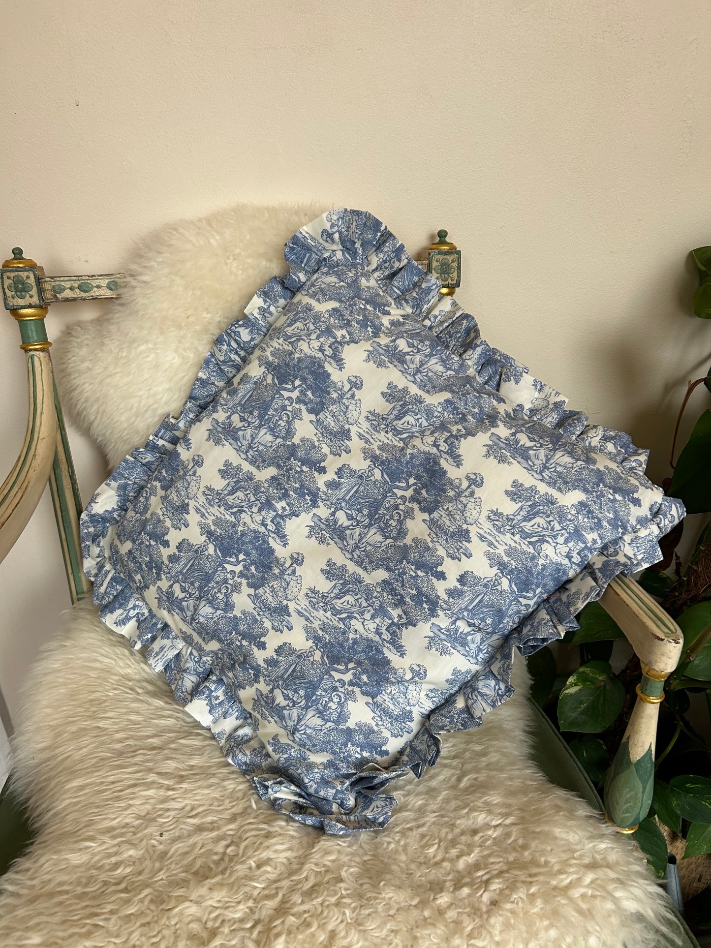 Blue Toile De Jouy frilly cushion